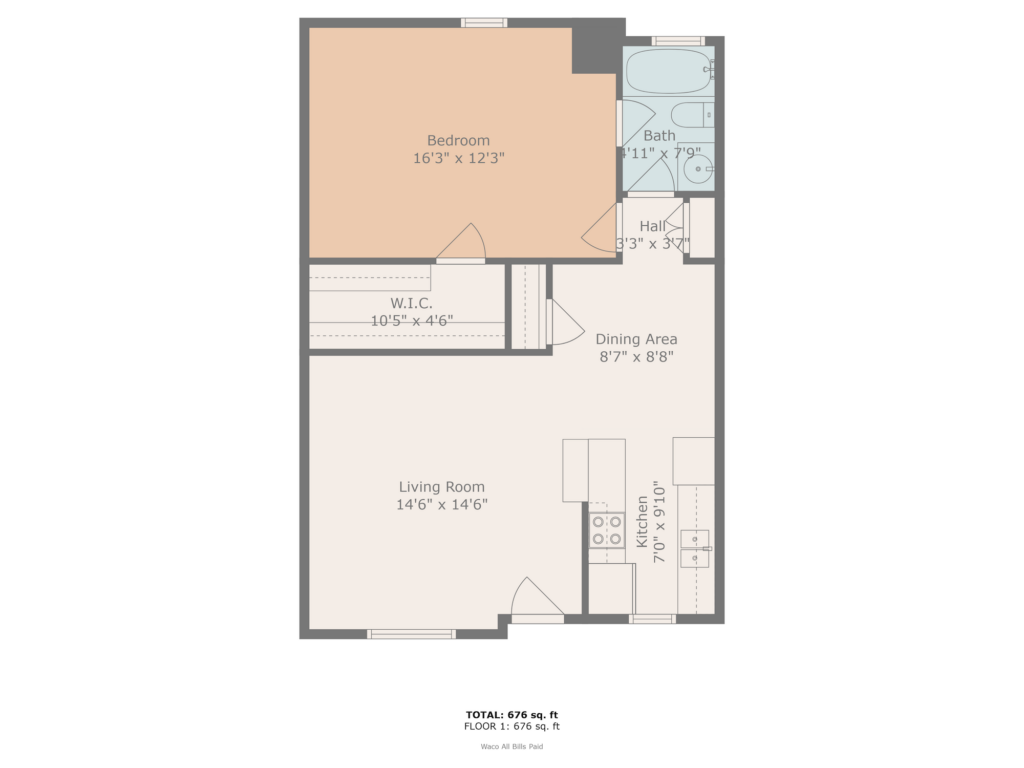 Ashton Oaks 1BR 1BA floorplan with dimensions
