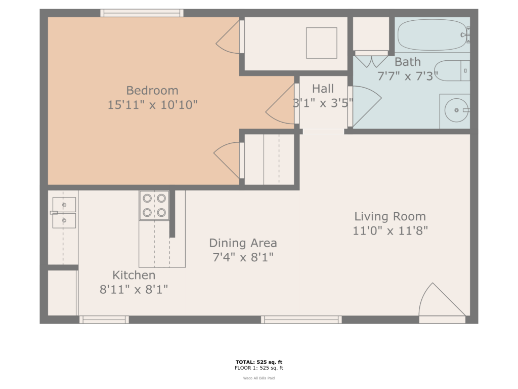 Oakridge Floor Plan A - 1 Bedroom 1 Bathroom