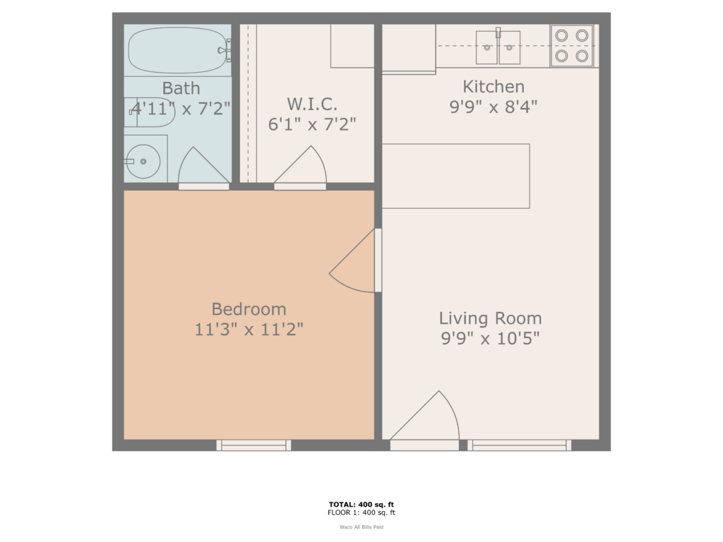 Casa West 1BR 1BA floorplan -400sqft