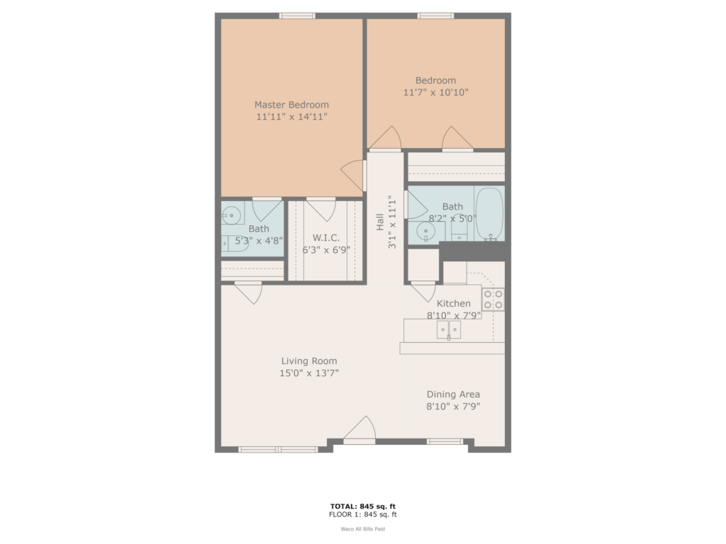 Ashton Oaks 2BR 2BA floorplan with dimensions