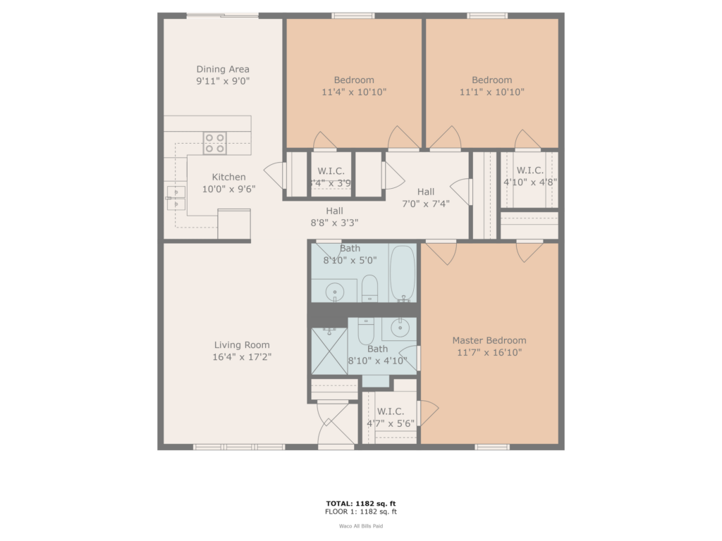 Ashton Oaks 3BR 2BA floorplan with dimensions